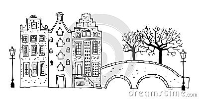 Amsterdam street scene. Vector outline sketch hand drawn illustration. Three houses with bridge, lantern, trees Vector Illustration